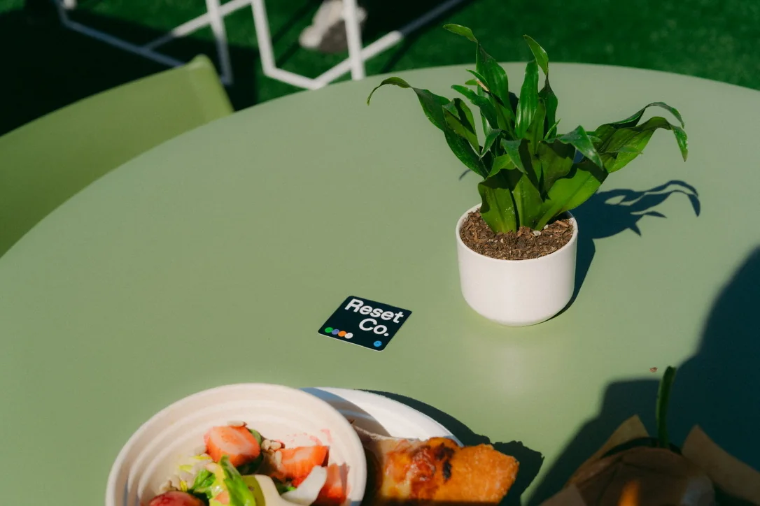 A green outdoor table with a potted plant, a Reset Co. card, and a plate of food